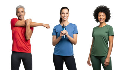 Three people in athletic wear standing against black background isolated on white transparent png background download