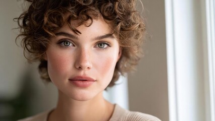 Close-up of a young woman with short curly brown hair, blue-green eyes, light freckles and natural makeup, by a window. Concept Window-lit close-up, Short curly brown hair