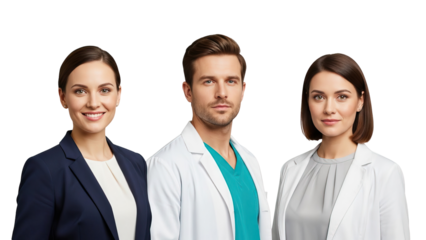 Three people in medical and business attire standing together isolated on white transparent png background download