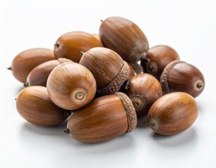 Acorns stacked on white background