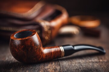 Close-up of briar tobacco pipe with metal band on vintage wooden table
