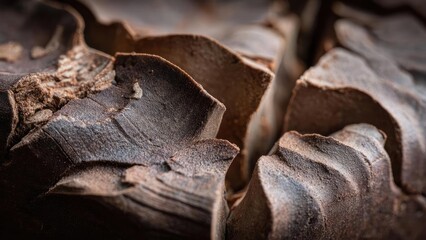 Close-up of curled dark chocolate shavings. Concept Close-up, Dark Chocolate, Chocolate Shavings, Gourmet Desserts, Food Photography
