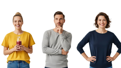 Three people standing against black background woman holding juice bottle man with hand on chin and woman with hands on hips isolated on white transparent png background download