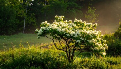 Beautiful Flowering Tree Bathed in Golden Morning Sunlight.