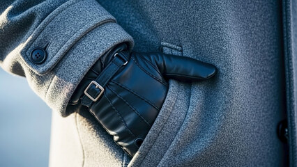Gloved Hand Resting in Pocket of Warm Coat for Fashion Blogs, Winter Style Websites, Outdoor Activity Guides, and Personal Styling Content