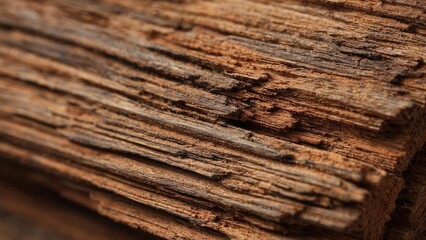 Obraz premium Close-up of weathered, splintered wood with rough brown layers and pronounced grain. Concept Weathered wood texture, close-up grain, splintered wood detail, rustic brown layers, rough surface
