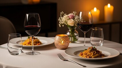 Exquisite Gourmet Romantic Dinner for Two with Candlelight, Wine, and Elegant Table Setting
