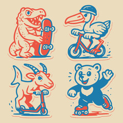 Cute Cartoon Animal Skating Set Illustration