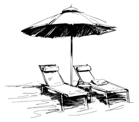 Hand drawn line art illustration of a beach umbrella and lounge chairs depicting summer relaxation for travel and leisure