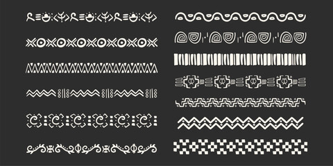 Fototapeta na wymiar Set african tribal ethnic border, divider doodle hand drawn crayon from geometrical shapes isolated dark background. Boho motif scandinavian srtoke, traditional native decor.