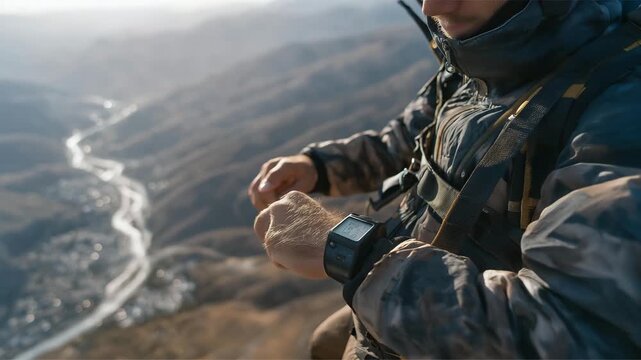 Shot of a paraglider variometer on the pilot&rsquo;s chest, altitude numbers rising as sunlight reflects off scratched plastic &mdash; real-time climb feedback and high-altitude navigation. cinematic color
