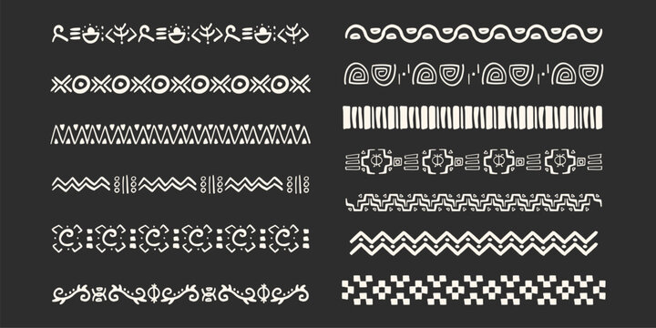 Set african tribal ethnic border, divider doodle hand drawn crayon from geometrical shapes isolated dark background. Boho motif scandinavian srtoke, traditional native decor.
