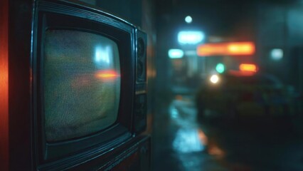 Close-up of an old CRT television in a neon-lit urban street at night, with a blurred car and bright neon signs in the background. Concept Retro CRT TV close-up in neon city night