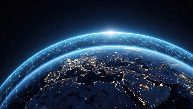 Virtual transfer digital space continent net map three dimensional global tech network technology planet communication information business worldwide networking concept connection connect - Powered by Adobe