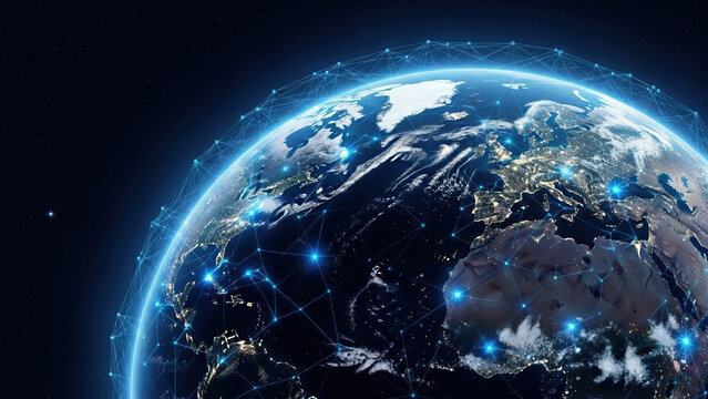 Three dimensional global planet net virtual transfer digital space continent map tech network technology communication information business worldwide networking concept connection connect - Powered by Adobe