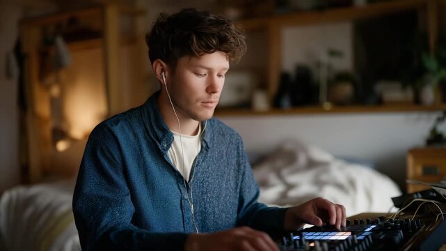 A bedroom producer layering drum patterns using a grid-based MIDI sequencer, LEDs pulsing in sync with evolving rhythms inside a cozy creative workspace. cinematic color correction, natural uneven