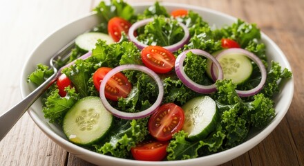 Fresh green kale salad with cherry tomatoes cucumber and red onion slices in a white bowl on a rustic wooden table for healthy eating and nutrition