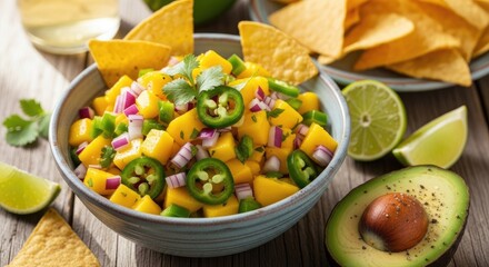 Fresh vibrant mango salsa with diced red onion green pepper cilantro and sliced jalape&ntilde;os served in a bowl surrounded by crispy tortilla chips lime and avocado on a rustic wooden table