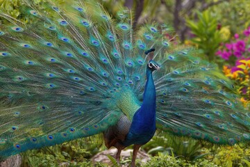 Obraz premium Close-up of iridescent peacock plumage and eye spots among tropical foliage