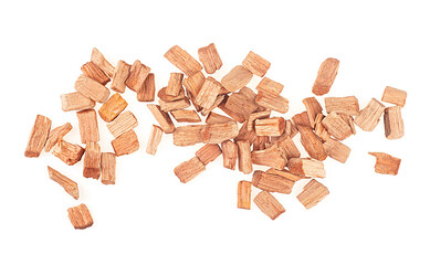 Group of apple wood chips for flavoring barbecue and grilled foods isolated on a white background, top view. Chips for smoking meat and fish.