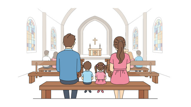 Family with two young children sitting on a church pew, facing an altar with a cross, depicting a serene scene of religious worship and community.