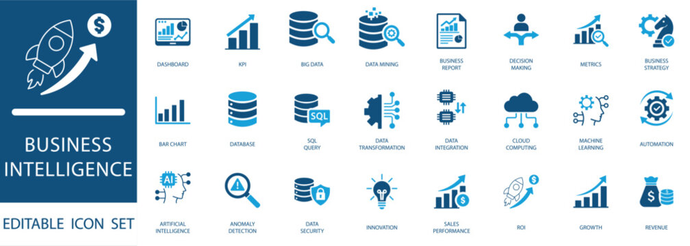 Business Intelligence flat icon set. Vector icons for big data, cloud computing, machine learning, KPI dashboard, growth, and financial metrics. Editable flat design