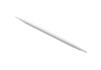 transparent plastic toothpick, sharp ends, smooth surface, subtly reflecting light, positioned diagonally on a clean, minimalist white background with copy space. Concept for oral hygiene