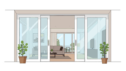 Fototapeta premium Modern living room with an open glass sliding door leading to an outdoor patio, enhancing natural light and connection to the outside environment.