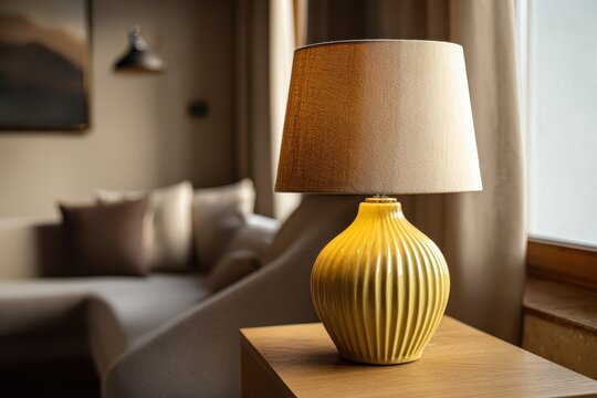 Close-up of yellow lampshade and warm light in contemporary interior