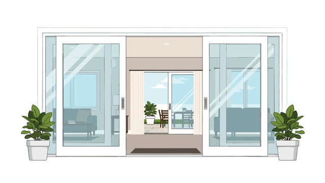 Contemporary home design featuring large glass sliding doors and windows that open to an outdoor patio, creating an airy and bright living space.