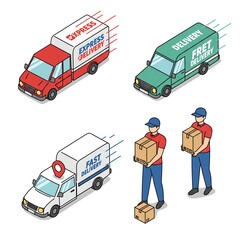 Delivery trucks and workers with boxes