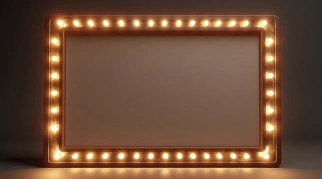 Blank rectangular vintage marquee sign board with glowing light bulbs