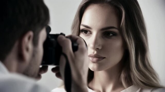 Professional photographer shooting a model with softbox lighting in a minimal white studio, 4K.