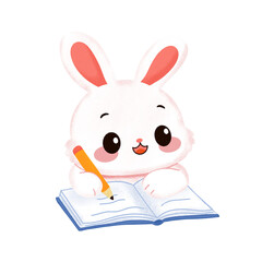 Cute White Bunny Writing in Open Notebook with Pencil