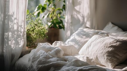 Sunlit bedroom with crumpled white linen on a bed, sheer curtains, and potted plants by a bright window. Concept Sunlit Bedroom, Crumpled White Linen, Sheer Curtains, Potted Plants, Natural Light