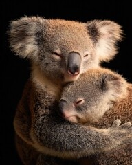 Fototapeta premium Two koalas cuddling, a mother koala hugging her joey. Concept Koalas, Mother and Joey, Cuddling, Australian Wildlife, Wildlife Photography