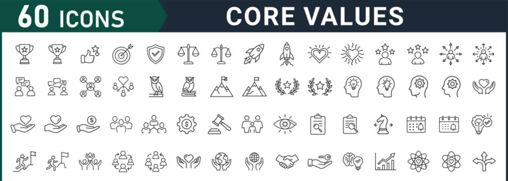 Collection of 60 professional core value icons for business and design