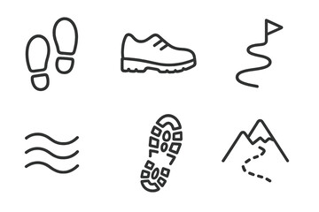 Hiking symbols set: footprints, shoe, trail, wind, sole, mountains