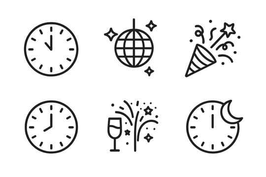 New year celebration icons: clocks, disco ball, fireworks, party poppers, and moon