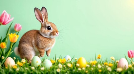 Adorable Easter bunny on green grass with colorful eggs and tulips. Spring holiday celebration background with copy space for text.