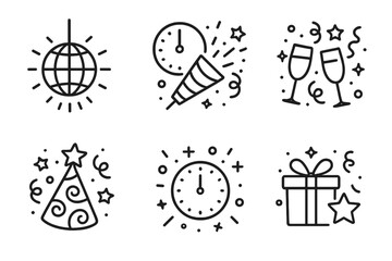 Festive new year icons with clock, ball, party hat, gifts, and champagne