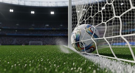 Soccer ball impacting the white goal net with a burst of powder on the lush green grass field inside a large, illuminated sports stadium