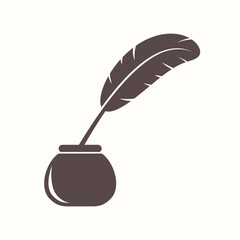 Silhouette illustration of a quill pen and inkwell on a white background. Ancient writing tool. vector illustration.