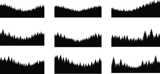 WebVector collection of forest silhouettes, set of nine pine tree horizons, evergreen woods landscape, cad drawing flat vector illustration © MstJahanara