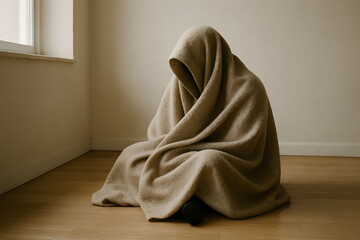 Person covered with a blanket sitting on the floor in an empty room expressing vulnerability and solitude.