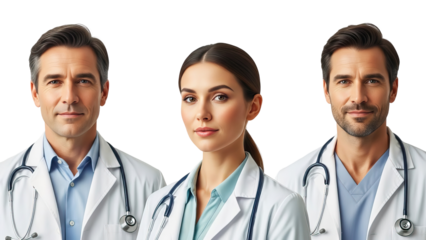 Three medical professionals wearing white lab coats and stethoscopes on black background isolated on white transparent png background download 1