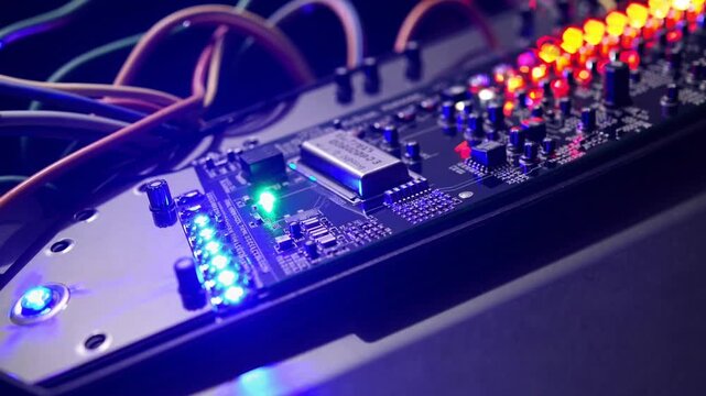 Closeup LED circuit board glowing with multicolor lights, microcontroller and ribbon cables under lowkey studio lighting, precision electronics test bench setup, diagnostic indicators cycling