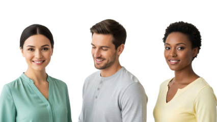 Three people standing side by side smiling at camera on black background isolated on white transparent png background download 1