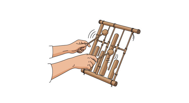 Hands playing traditional Indonesian bamboo Angklung musical instrument.