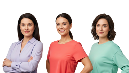 Three women in pastel colored shirts standing against black background isolated on white transparent png background download